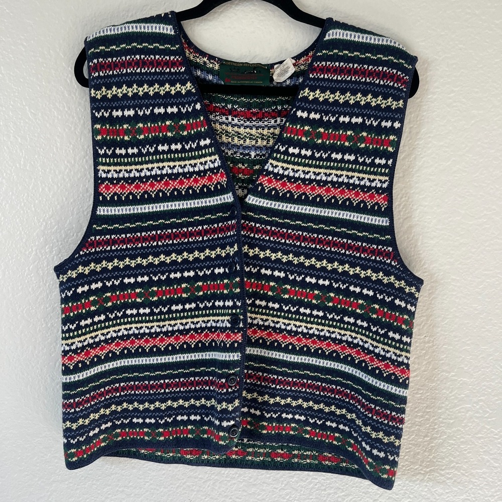 Vintage 90s Northern Reflections Sz‎ L Sweater Vest Knit Fair Isle Button Front